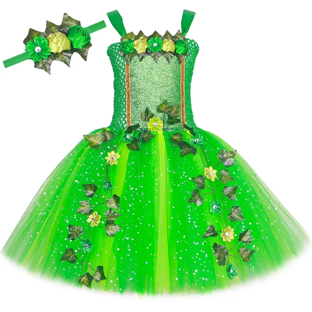 

Блестящий зеленый костюм феи для девочек, платье-пачка феи с цветком лесного плюща, детское фатиновое платье принцессы на Хэллоуин, день рождения