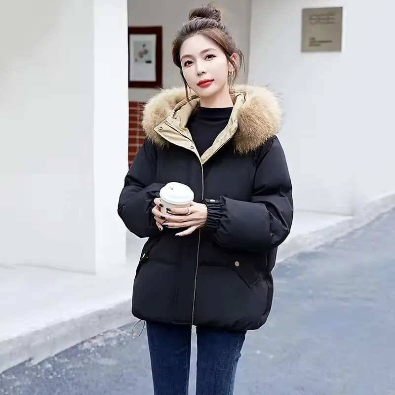 Winter Women's Big Fur Collar Down Cotton-padded Jacket Fashion Loose Hooded Short Outerwear Thicken Warm Parkas Female 6