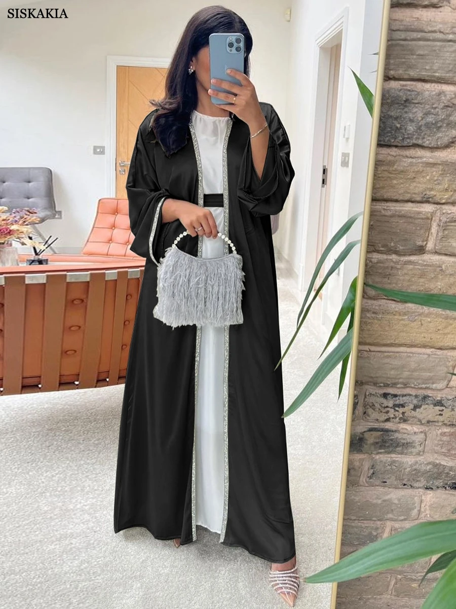 Siskakia-quimono aberto para mulheres, cardigã de cor sólida, manga comprida, casual, elegante, estilo marroquino, caftan, dubai