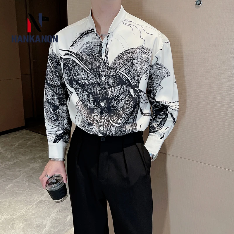 

Men's Printed Long-sleeved Shirt. Youth Fashion Stand-up Collar Shirt Stage, Performance Wear, Loose and High-quality Shirt.