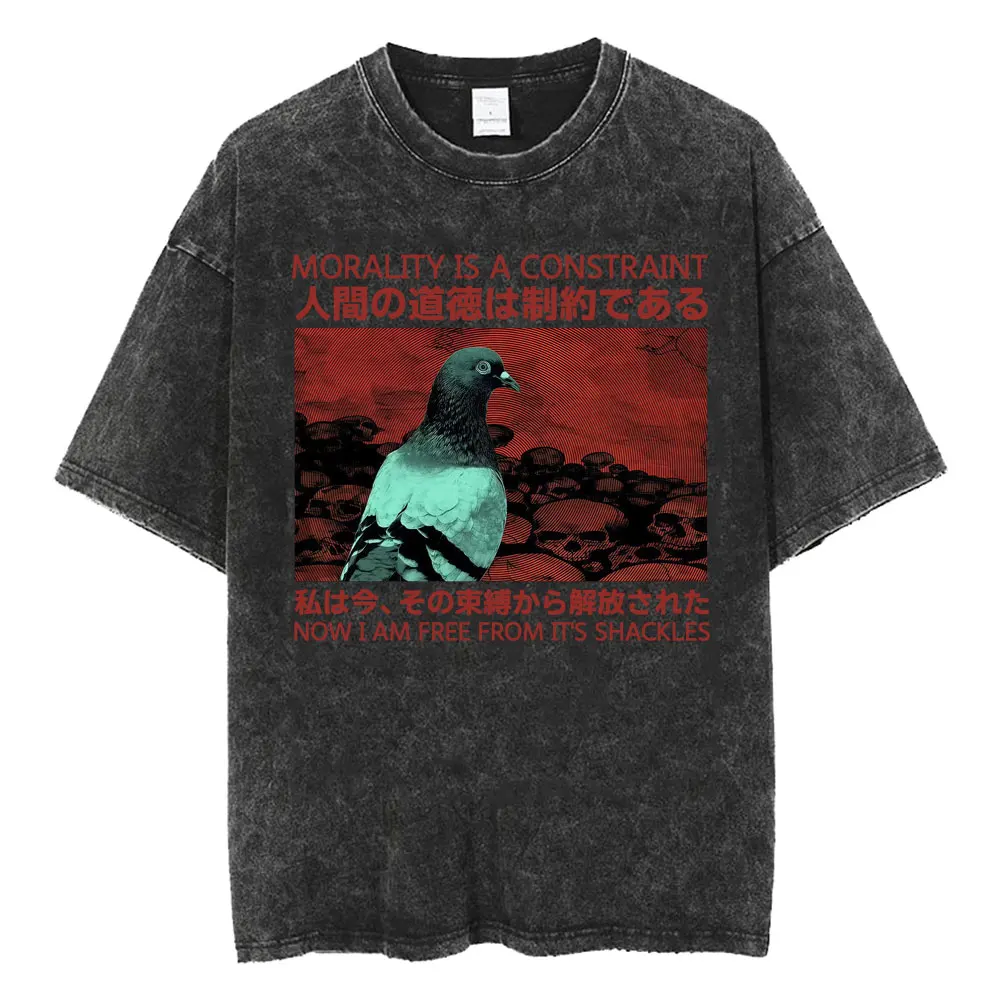 Morality Is A Constraint Funny Pigeon Japanese Style Vintage Washed T-shirts Men Women Harajuku Gothic Loose T Shirts Streetwear