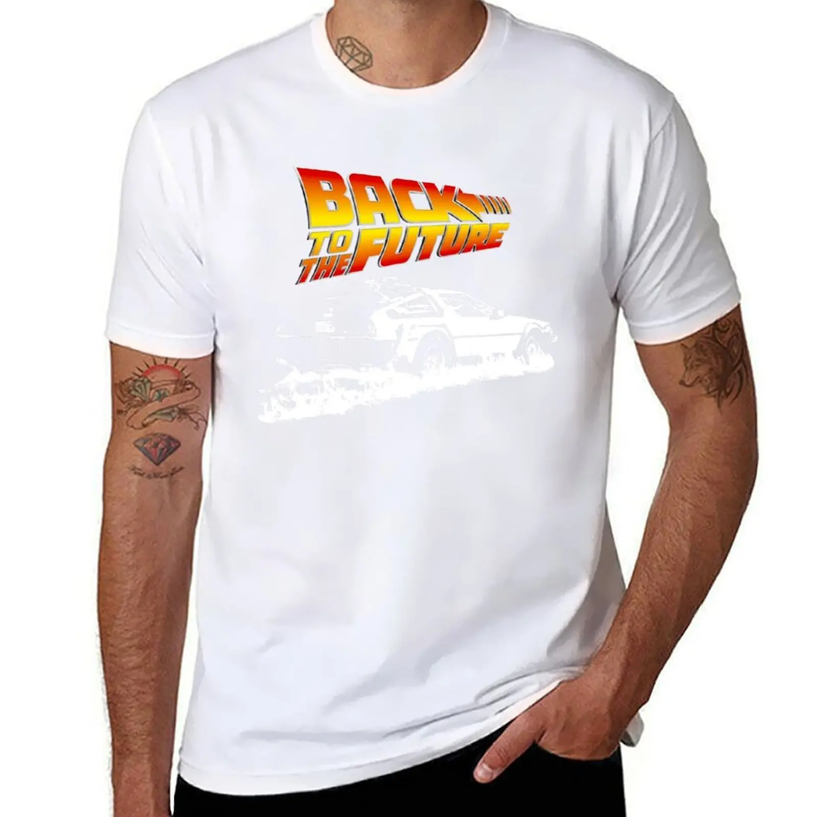 

Back to the Future - DeLorean Fire Tracks White Stencil Fan Art T-Shirt man graphic t shirt T-Shirt