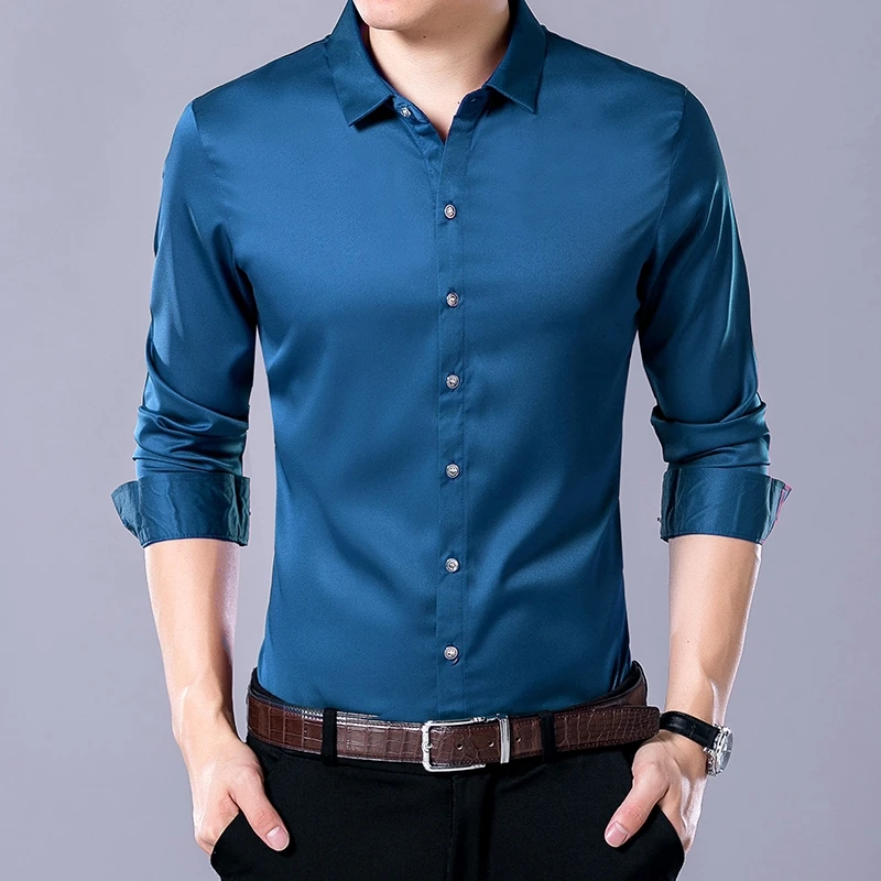 Men\'s Casual Fashion Business Solid Color Long Sleeved Shirt