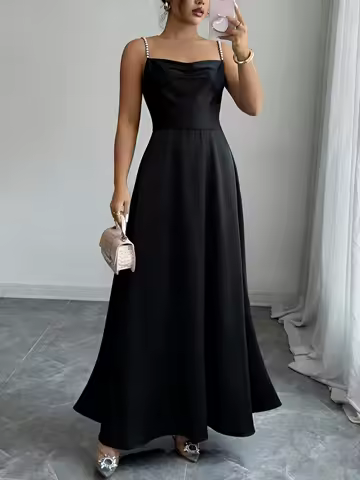 Women's Black Satin Maxi Dress Beaded Spaghetti Strap Square Neck High Waist A Line Elegant Spring Summer Party Evening Dress
