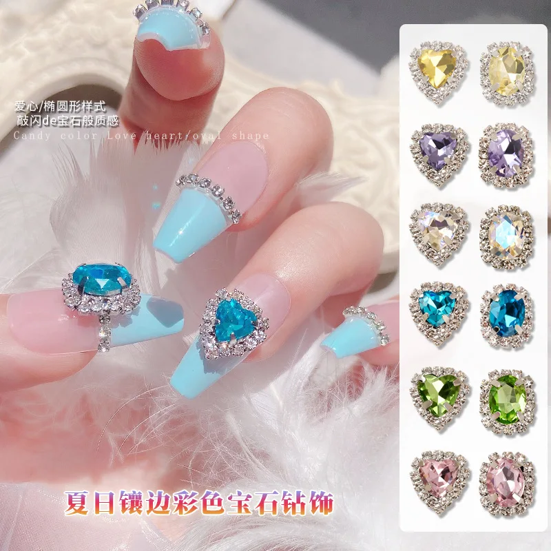 5pcs/lot New Luxury Gemstone Diamond Full Diamond Versatile Summer Crystal Moonlight Love Metal Edge Nail Diamonds