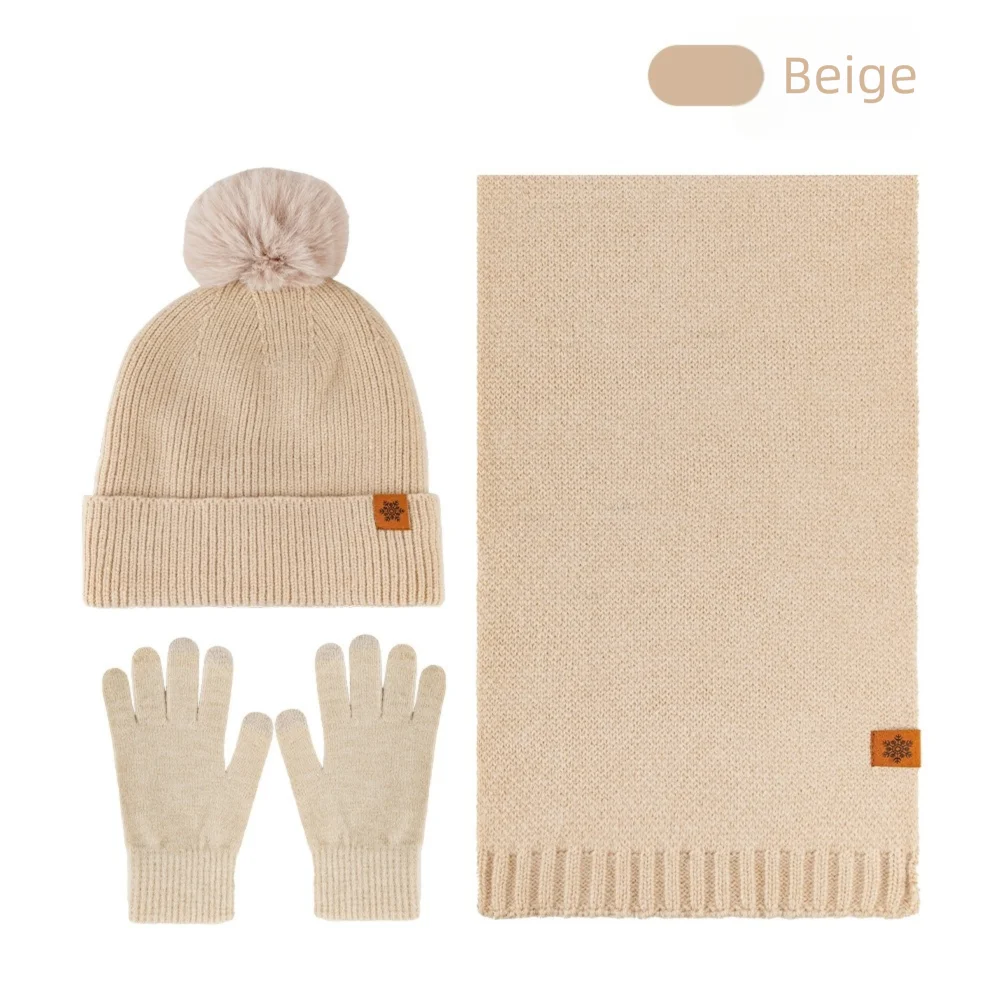 Set 3 Buah/Set Sarung Tangan Syal Topi Musim Dingin Hangat Set Syal Lapisan Tebal Setelan Penghangat Leher Sarung Tangan Layar Sentuh Elastis Tahan Angin