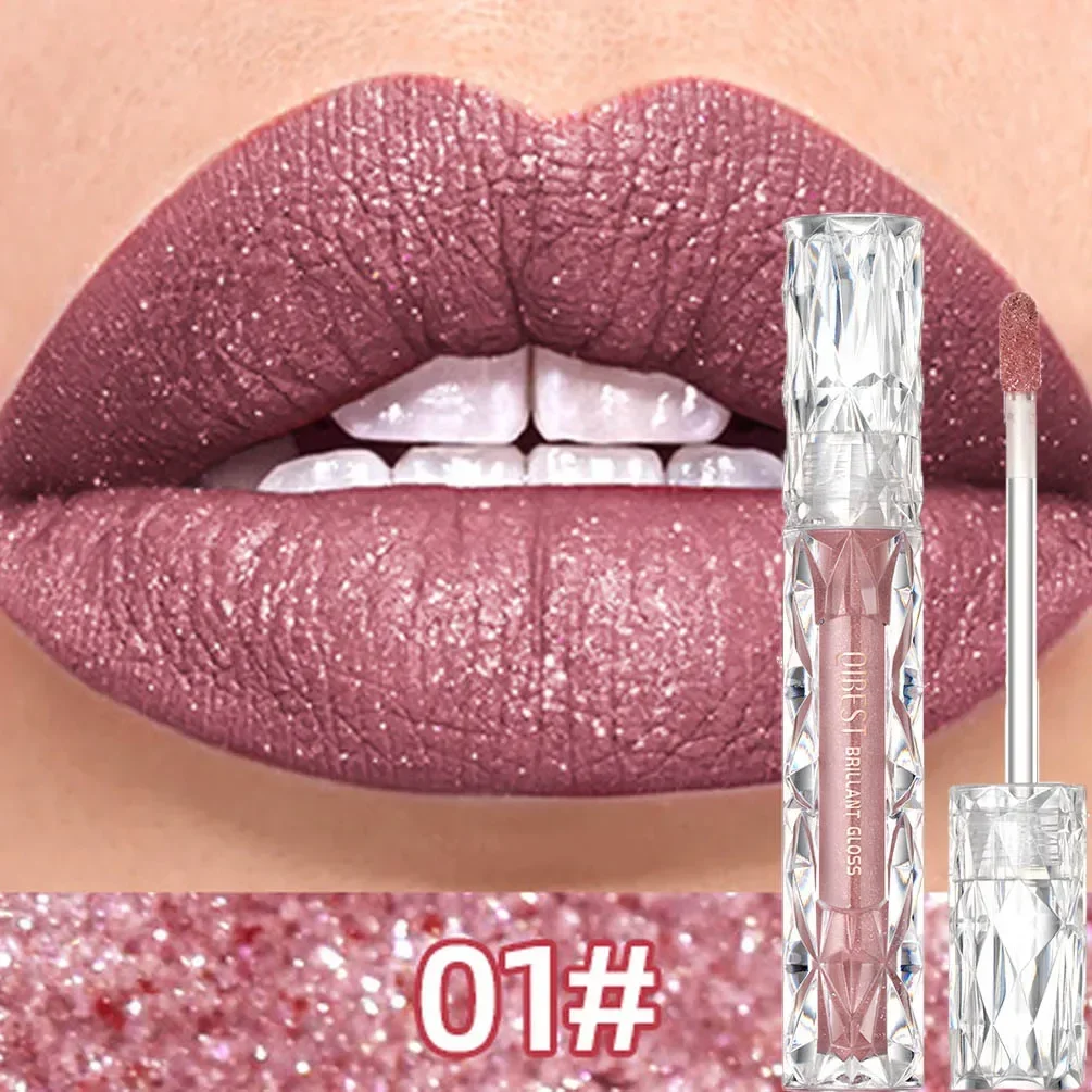 QIBEST Matte Glitter Lipstick Diamond Liquid Lipstick Long-lasting Waterproof Moisturizing Pearl Fine Glitter Lip Glaze Makeup