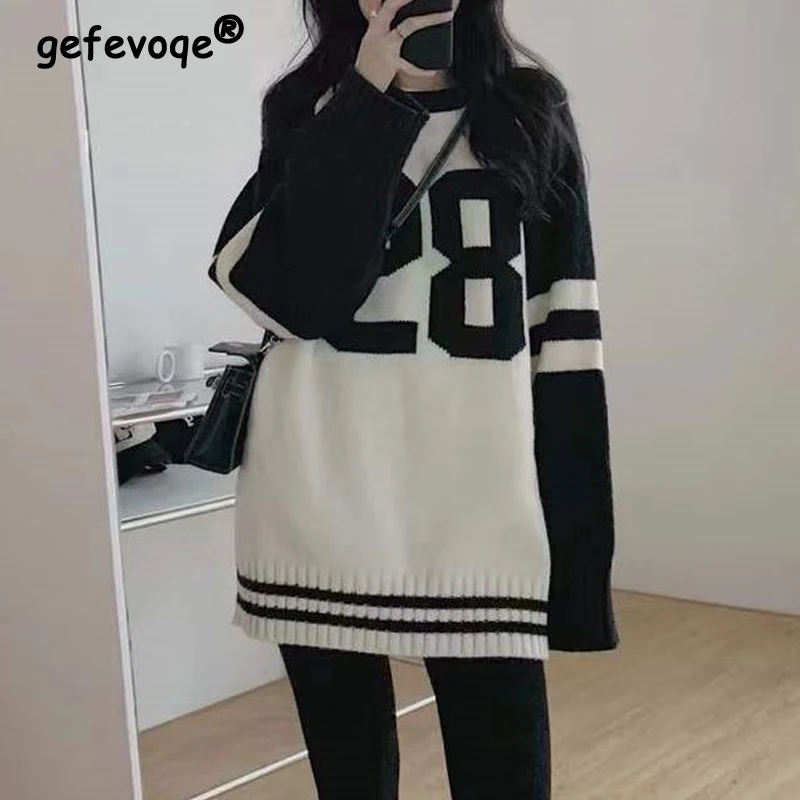 Kobiety modny Vintage kontrastowy kolor styl Preppy sweter z dzianiny Oversize Y2K Streetwear Casual O Neck z długim rękawem pulowerowe topy