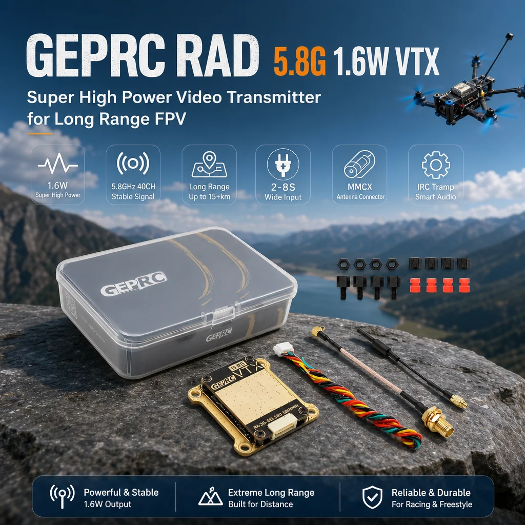 

GEPRC RAD 5.8G 1.6W VTX – Super High Power Long Range Transmitter for FPV Drone (MMCX, 2-8S, IRC Tramp)
