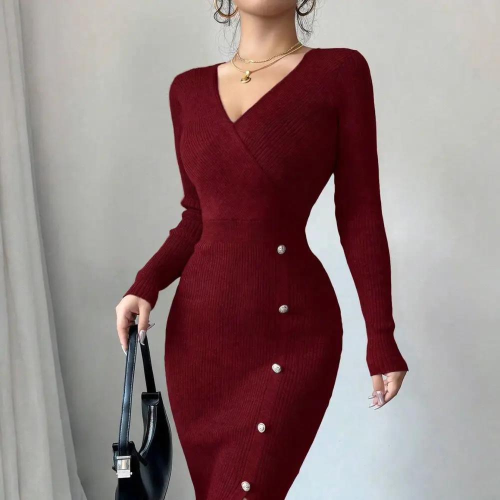 French Style Knitted Bodycon Dress Women Autumn Winter Slim Long Sleeve V Neck Elegant Casual Office Commuter Dresses