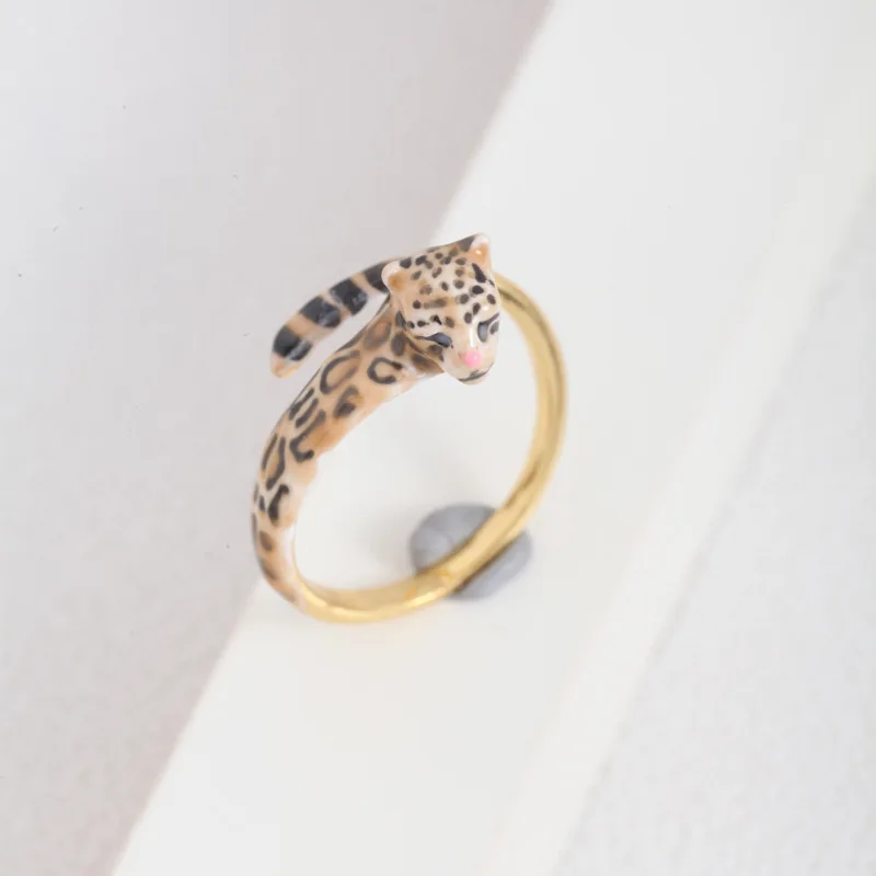 

New Trendy Wild Style Cute Animal Handmade Enamel Leopard Leopard Print Niche Personality Design Adjustable Ring for Women Goth