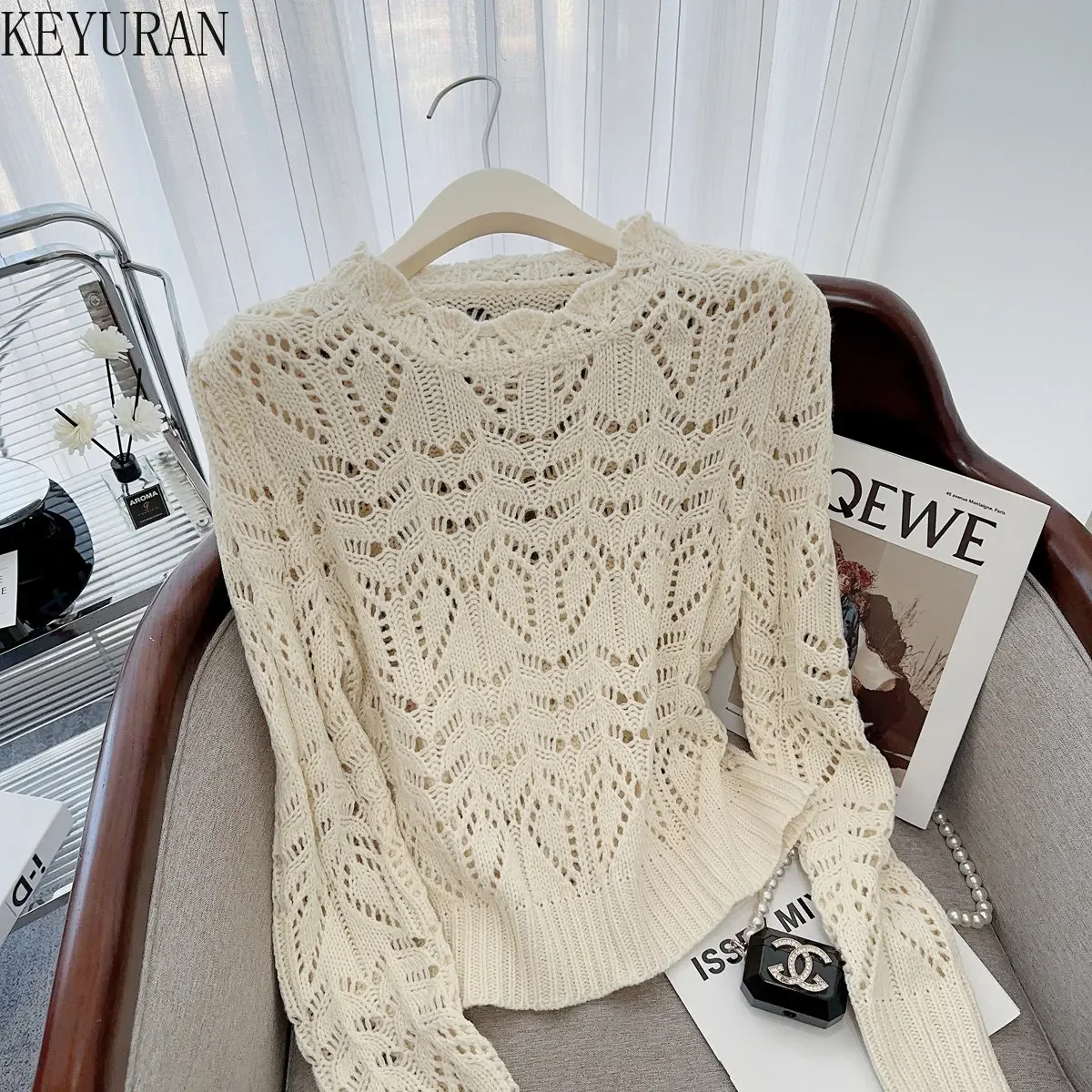 2025 Spring New Hollow Out Pullover Sweater Women\'s Casual Loose O-Neck Long Sleeve Short Knitwear Tops Jumper Sueter Mujer Pull