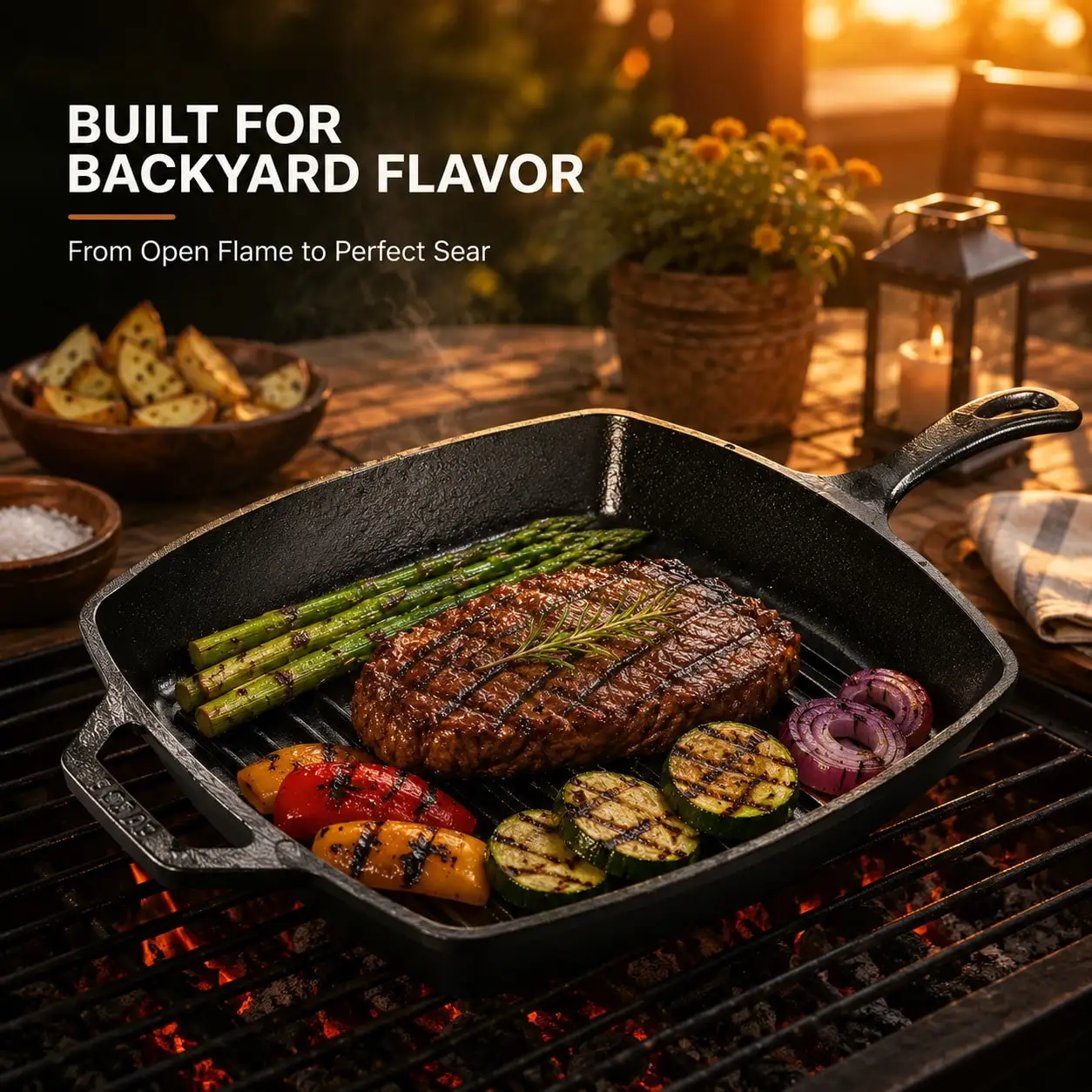 1PC Black Square Striped Steak Pan,Thick Cast Iron Skillet With Auxiliary Handle, Multi-Function Induction Grill Pan, Compatible With All Stoves, Easy Clean, Portable Camping Griddle Pan For Outdoor Cooking, Family Gatherings & Restaurant Use