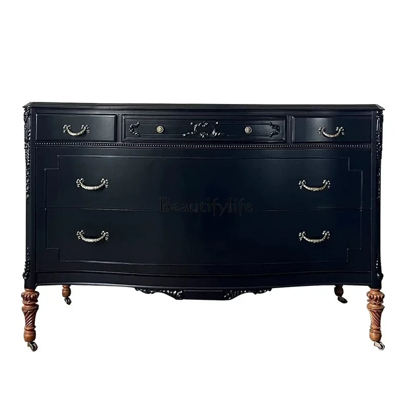 

French retro solid wood chest living room small apartment storage American carved bedside cabinetL