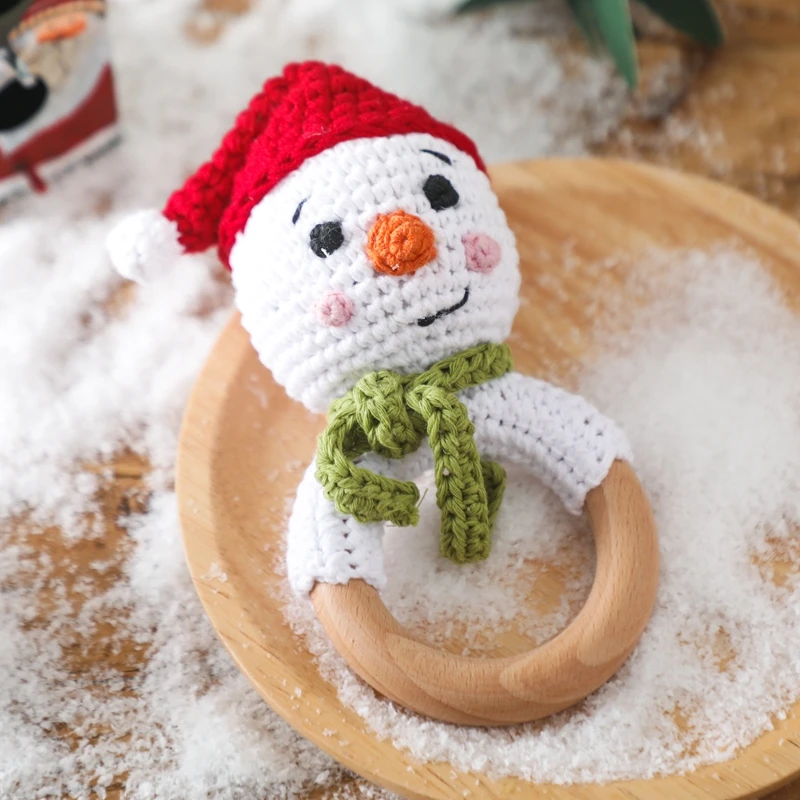 1PC Baby Snowman Ratter Toys Wooden Teether Crochet Elk Deer BPA Free Rattle Toy Newborn Amigurumi Teether Baby Christmas Gifts