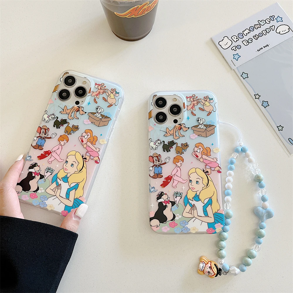 luxury Disney princess Mickey Mouse hand chain Case protection for iPhone 15 14 13 12 11 16 Pro Max lovely Coque