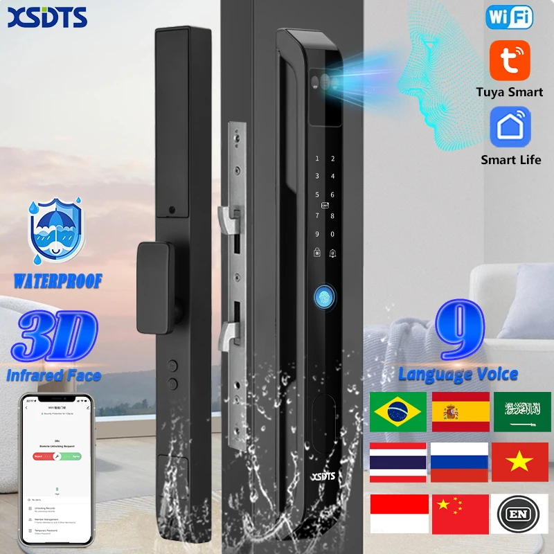 3D Face Tuya WiFi Electronic Smart Door Lock Palm Vein Password Key Fingerprint Aluminum Glass Sliding Door Waterproof Outdoor