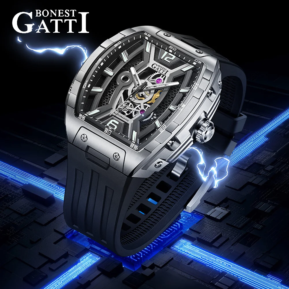 BONEST GATTI Men's Skeleton Auto Mechanical Watch Luxury Sapphire Crystal Silicone Strap 5ATM German Crafted Open Heart BG-5601