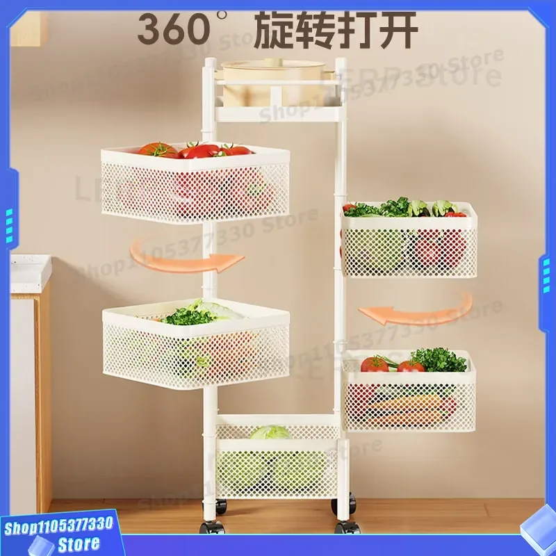 Rotating Kitchen Storage Rack Floor Standing Multi Layer Fruit Vegetable Basket Movable Household Organizer Shelf for Pantry