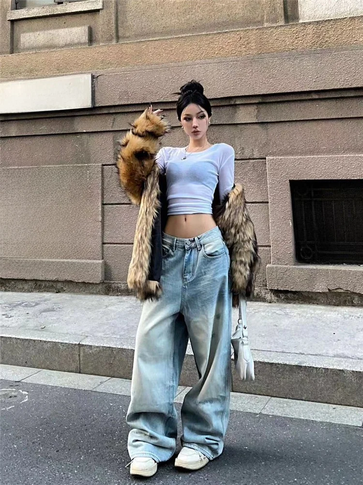 

Retro American Streetwear Faded Wide Leg Jeans Women's Spring Autumn Tall Extended Straight Floor-Length Pants