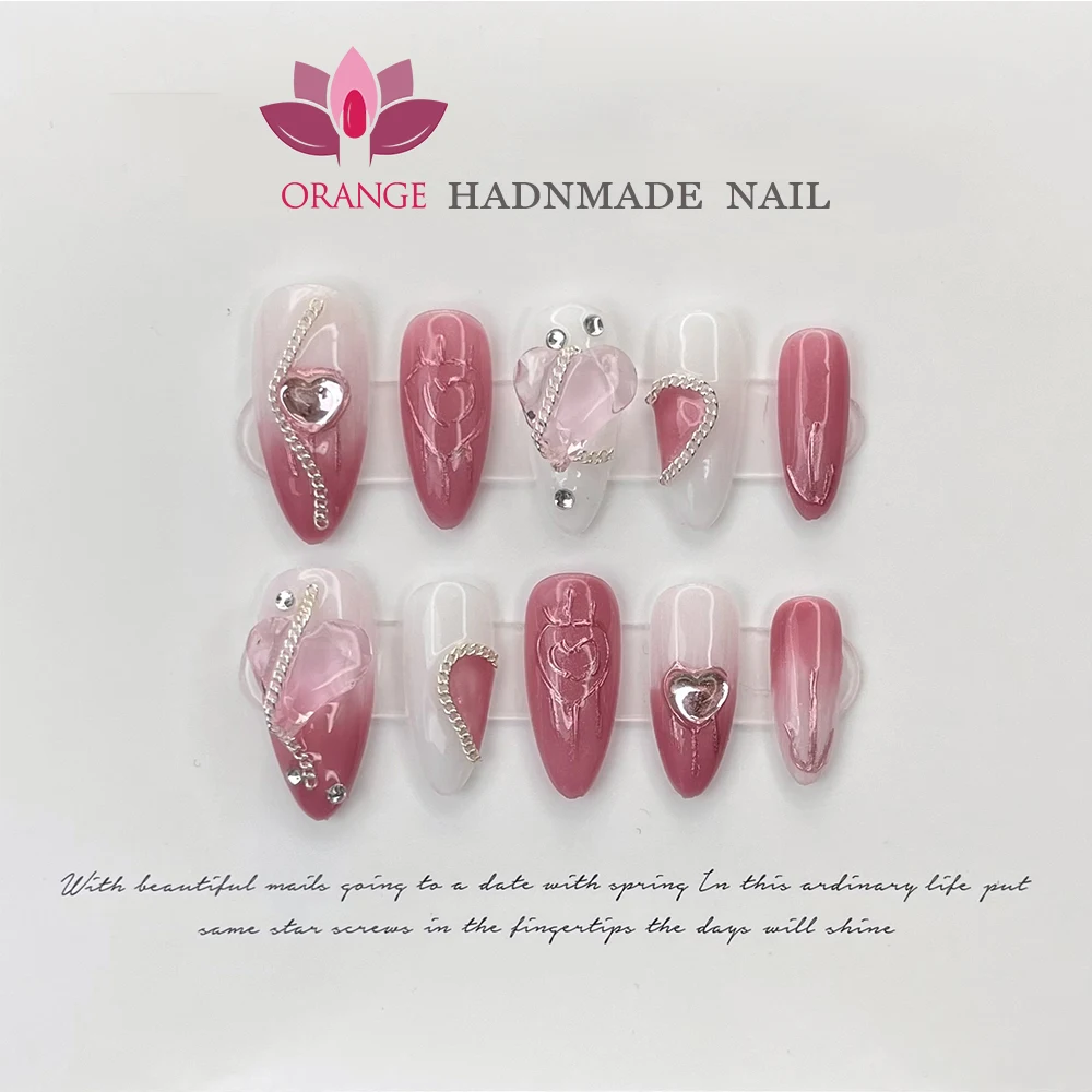 Pink Handmade Nails Press on Full Cover Manicuree Heart False Nails Japanese Wearable Artificial With Designs Orange Nails Store