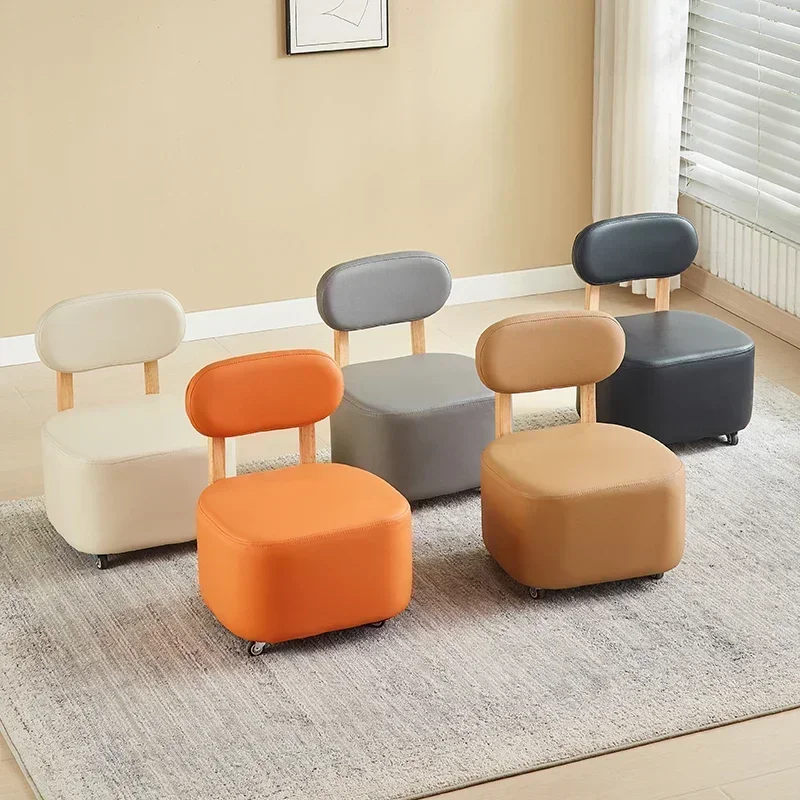 Small Stool, Household Low Stool, Universal Wheel, Solid Wood Small Chair, Pulley, Movable Sliding Chair, Wooden Backrest, Squar