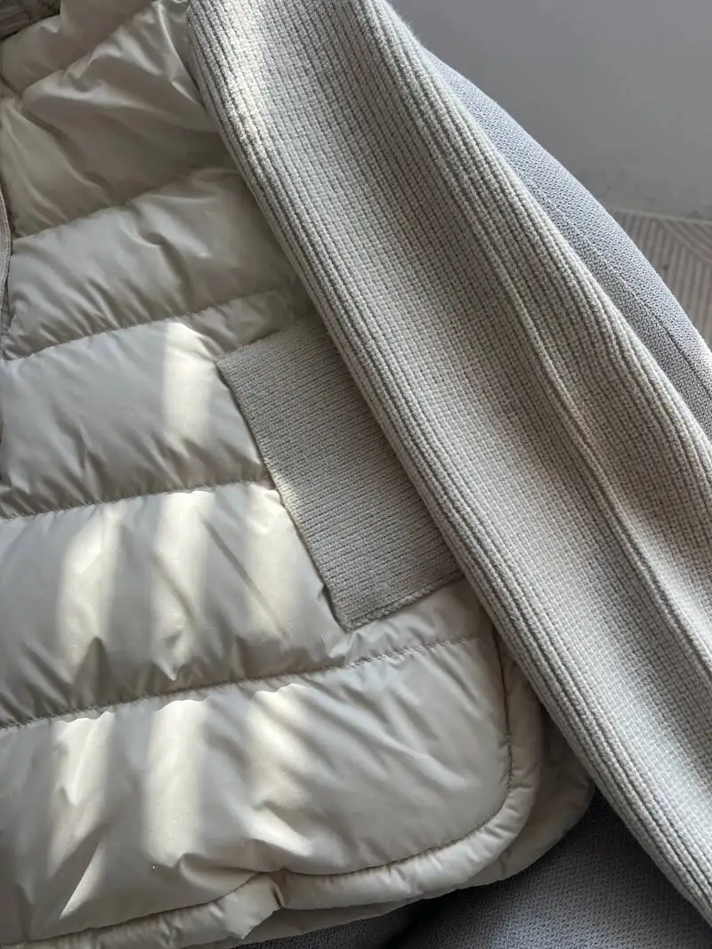 

Lagabogy 2025 New Autumn Winter Knitted Patchwork White Duck Down Jacket Women Drawstring Hooded Warm Lightweight Puffer Coat