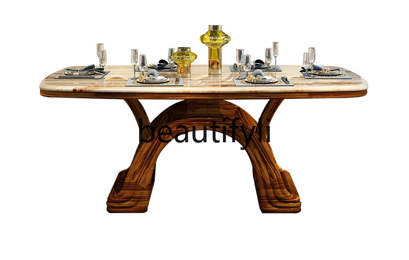 

New Chinese ebony rectangular dining table and chair combination marble household dining table solid wood dining table