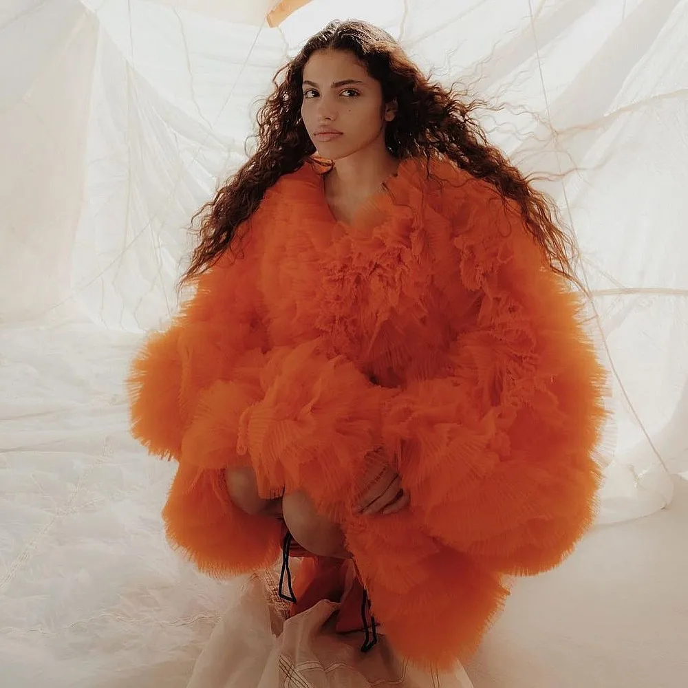 

Модная длинная тюлевая куртка с оборками и отделкой, пачка из тюля с длинными рукавами, женская верхняя одежда, пальто-пачка длиной до колена, длинная тюлевая куртка