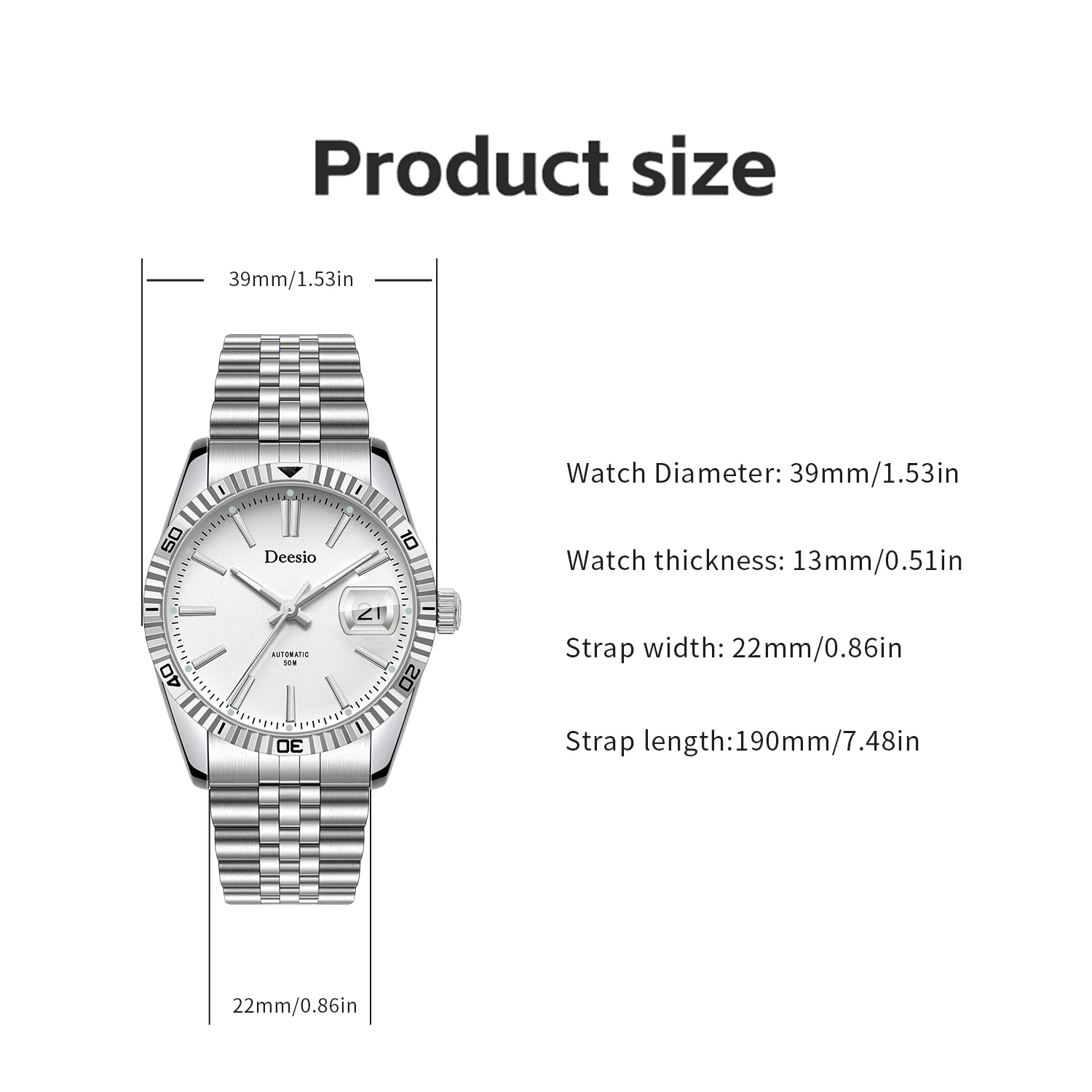 Deesio relógio mecânico automático masculino de luxo 50m à prova d'água vestido de negócios caixa de aço inoxidável luminoso presente perfeito para ele