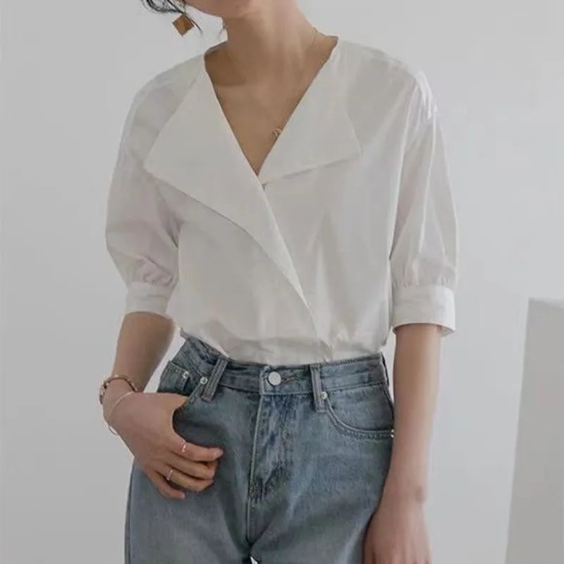 

QWEEK White Office Ladies Basic Shirt Woman Summer Oversized V Neck Blouses Korean Fashion Elegant Casual Chic Aesthetic 2024