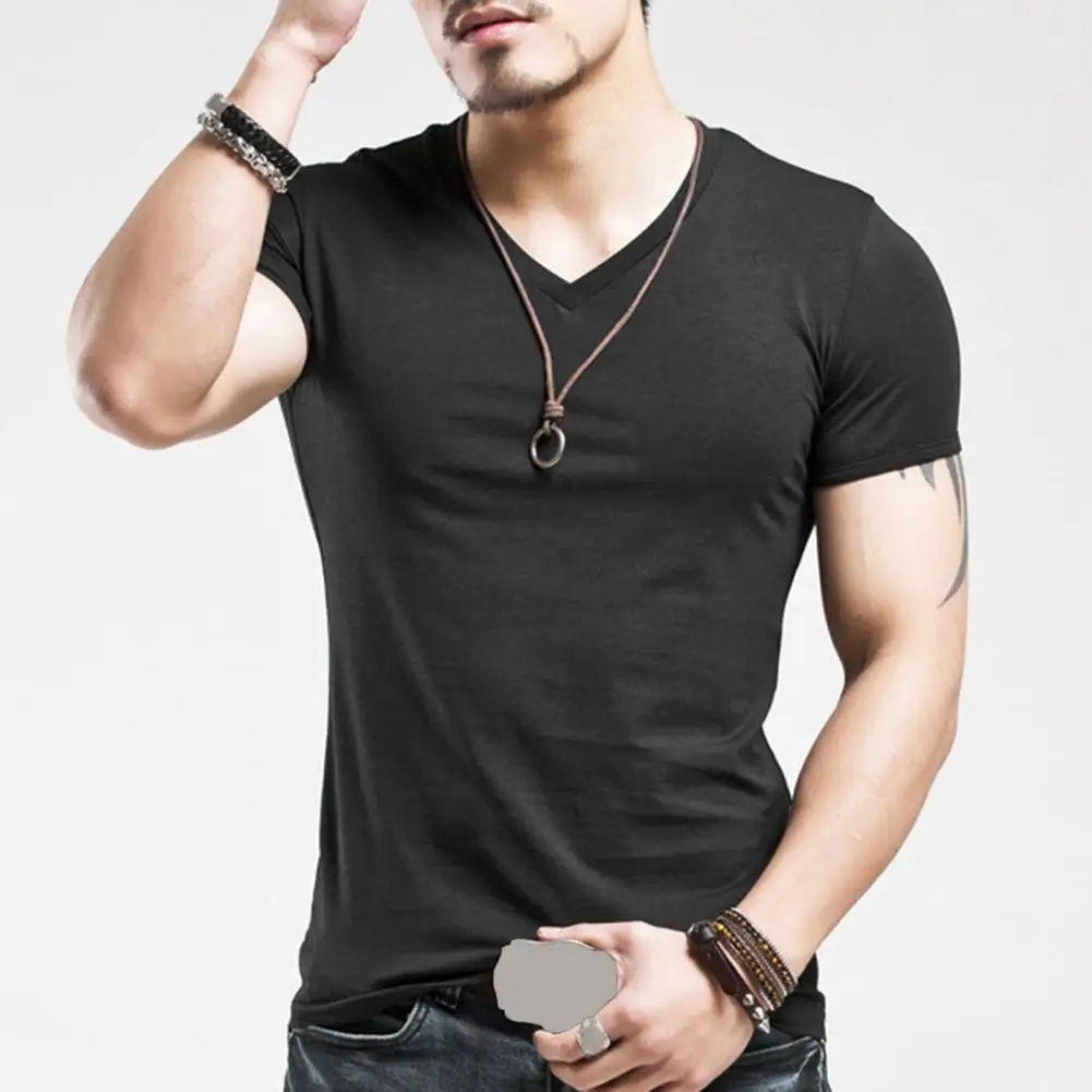 Men T-shirt Casual V-Neck Tee Fashion Slim Fit Solid Color T-shirts Male Tops Tees Men Casual T-shirt Fitness Sports Tee Top