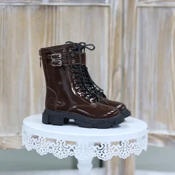 BJD Doll Shoes Round Toe Thick-soled Toys Leather Double Buckle ID75 Daily Handsome Glossy Black High Boots Doll Accessories