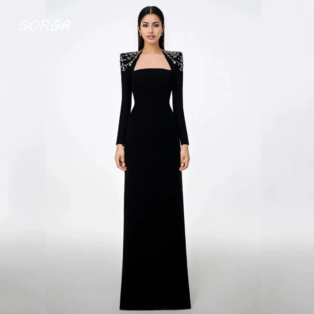 GORGA Black Square Collar Beading Mermaid 2024 High Quality Slim Crepe Ocassion Gown Floor-Length Evening Dress فستان سهرة نسائي