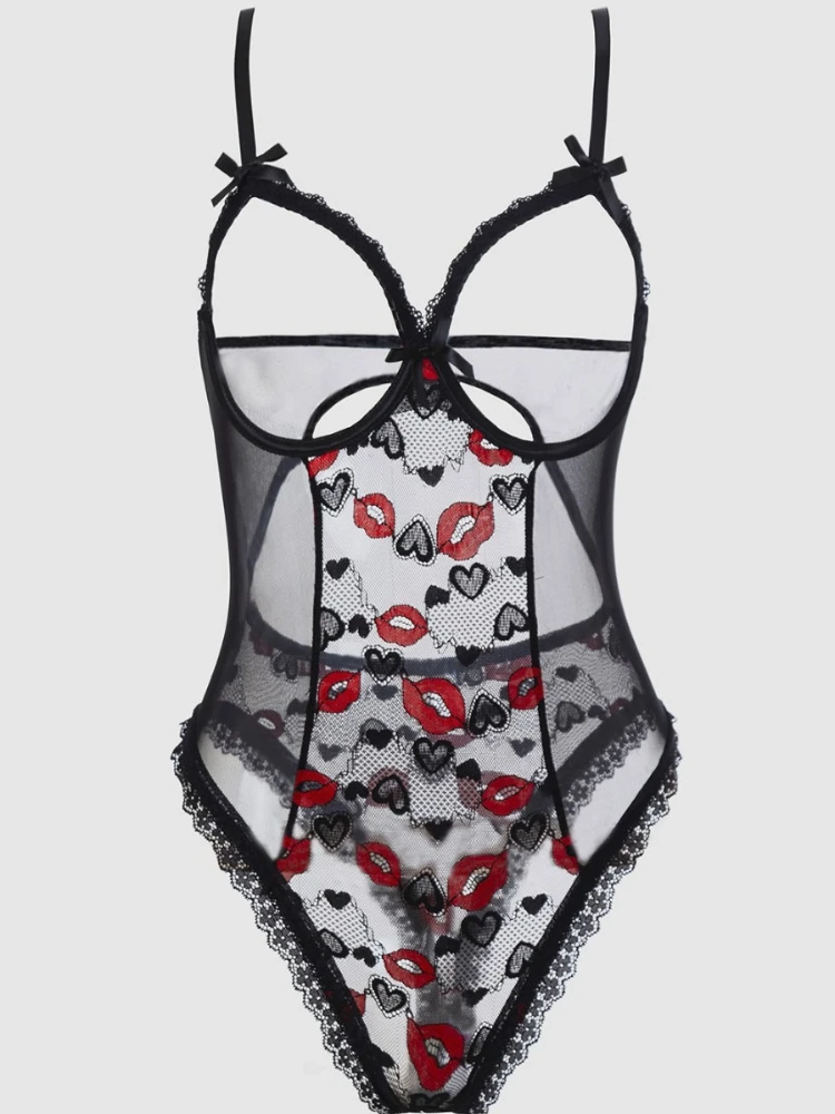 

SsTss Women's Sexy Lingerie Bodysuit Red Lips Sheer Lace Teddy Nightwear Ultra Thin Hollow Valentine's Day Romantic Sleepwear