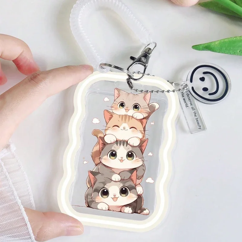 Four Cute Cat Patterns Wave Transparent Card Holder Suitable for Bus Card Protection Cover, Meal Card Cover, Student ID Cover