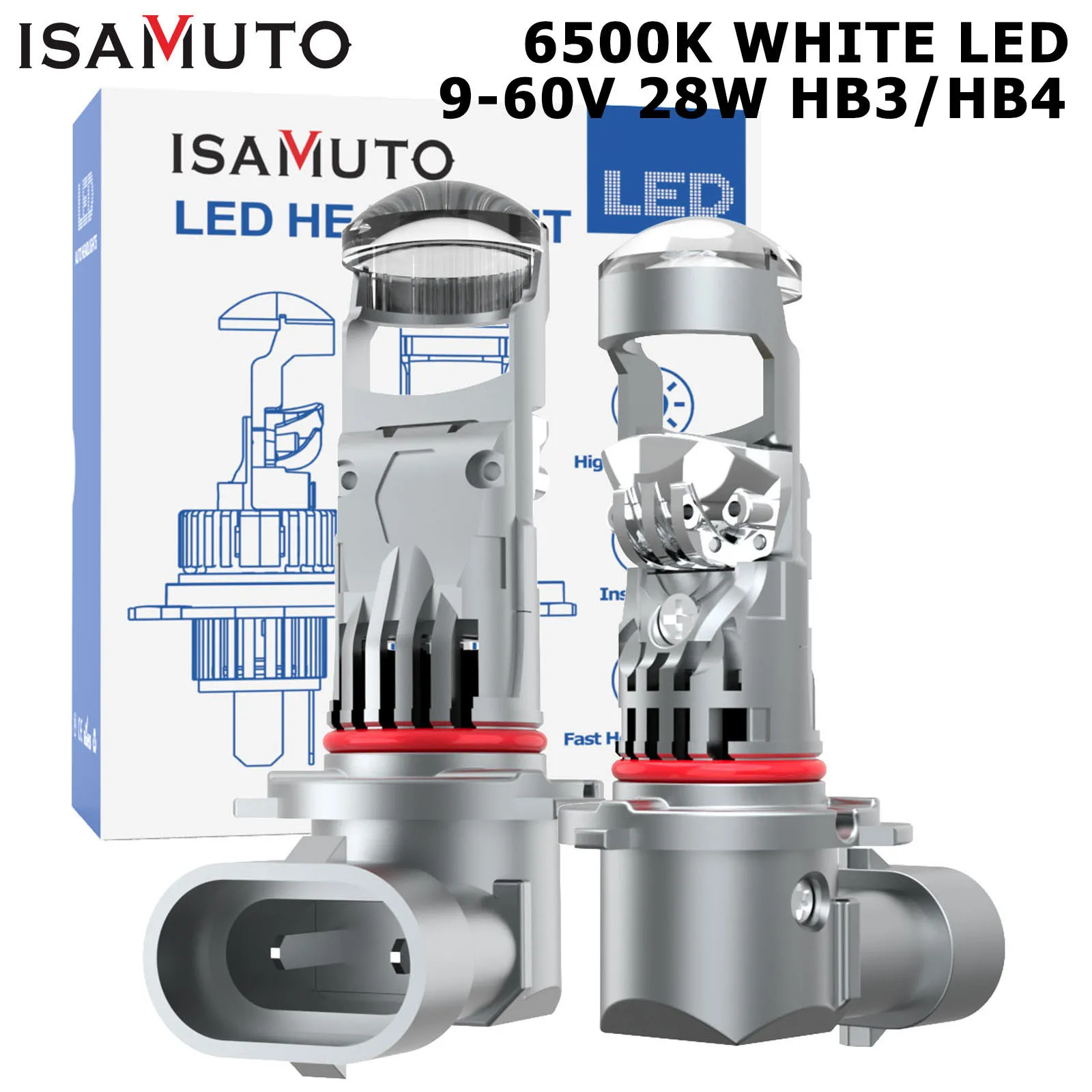 ISAMUTO FI281L Светодиодная фара HB3 HB4 P20d P22d с линзой 9-60 В 9005 9006 38 Вт 6500 К Белая светодиодная автомобильная лампа + 500% яркость (пара)