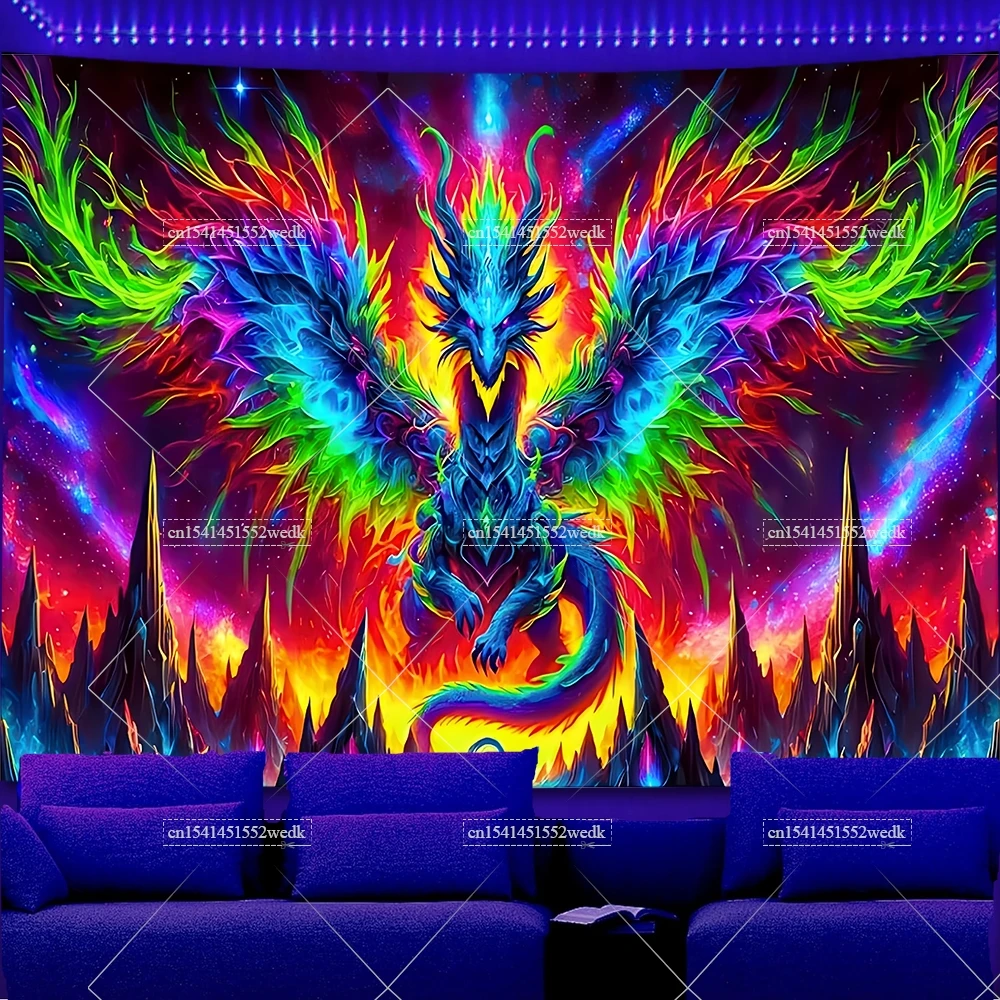 Fluorescent Colored Dragon Tapestry Blacklight UV Reactive Glow In The Dark Neon Mountains Tapestrys Room Decor Aesthctic Poster