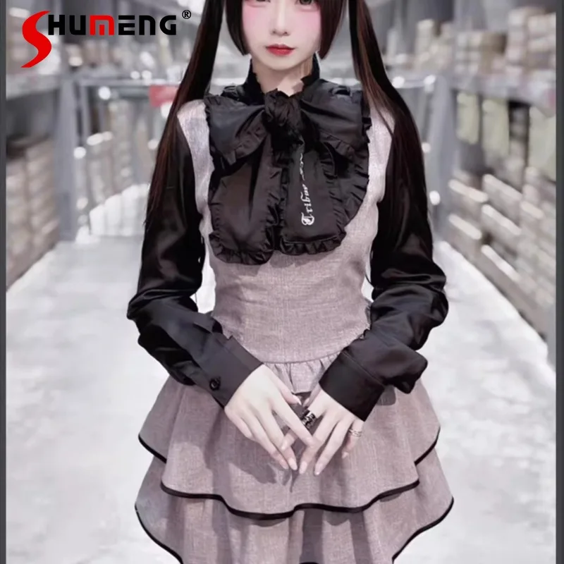

Grey Color Stand Collar Dress Subculture Grids Mine Series Japanese Rojita Style Bows Silm Fit High Waist Long Sleeves Dresses