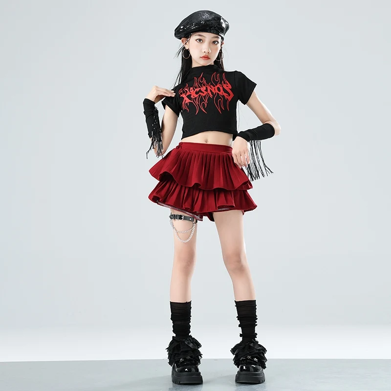 Kids Jazz Costume Cheerlead Dance Crop Tops Red Skirt Kpop Performance Outfits Hip Hop Dance Clothing Kids Street Wear BL15797