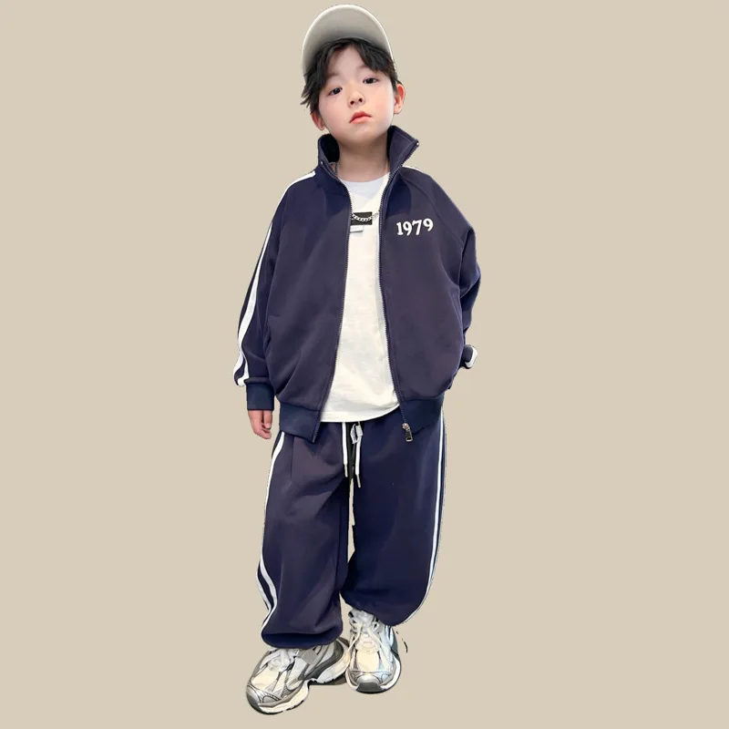 Youth Boy Spring 2 Piece Clothes Set Navy Letter Zipper Jacket Side Stripe Ankle Band Track Pants 4-12Y Children Boy Sporty Suit