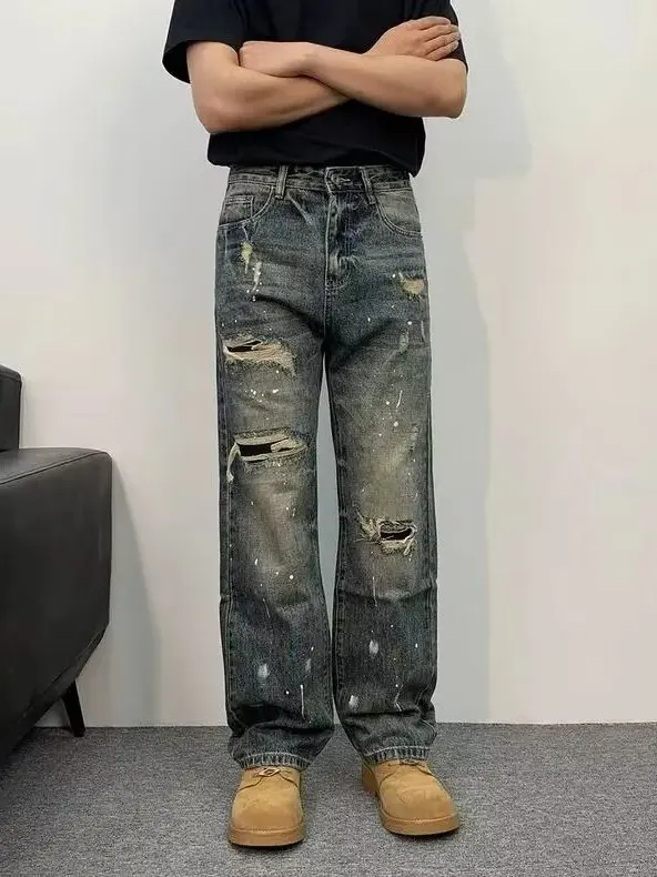 

Рваные мужские джинсы в американском стиле в стиле ретро с прямыми штанинами, винтажные джинсы со средней талией и застежкой-молнией, прочная ткань