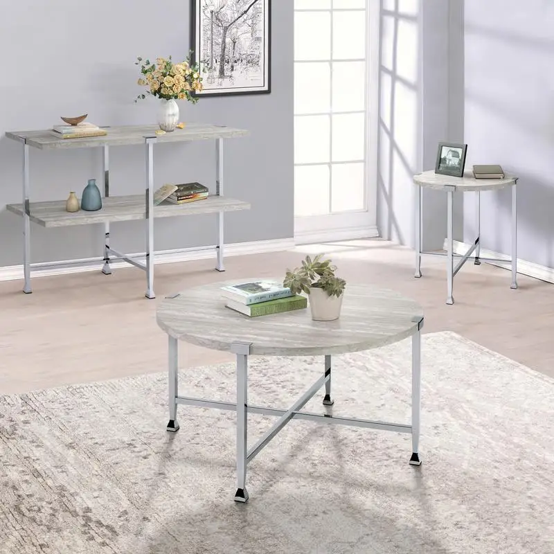 طاولة قهوة مستديرة مع سطح من خشب البلوط الأبيض وقاعدة من الكروم