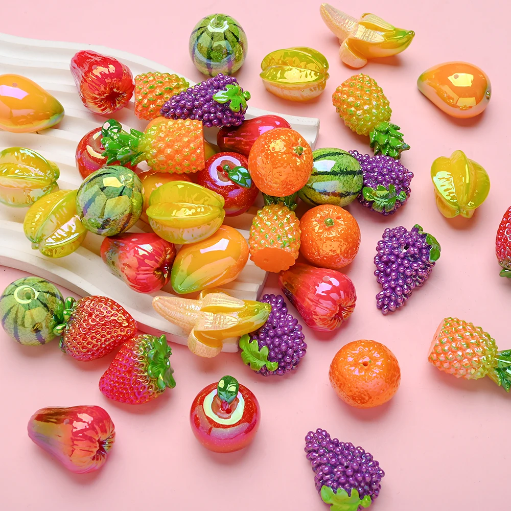 3Pcs Simulation Fruit Focus Resins Teether Beads Apples Bananas Pineapple Etc For DIY Pacifier Chain Clip Dummy Holder
