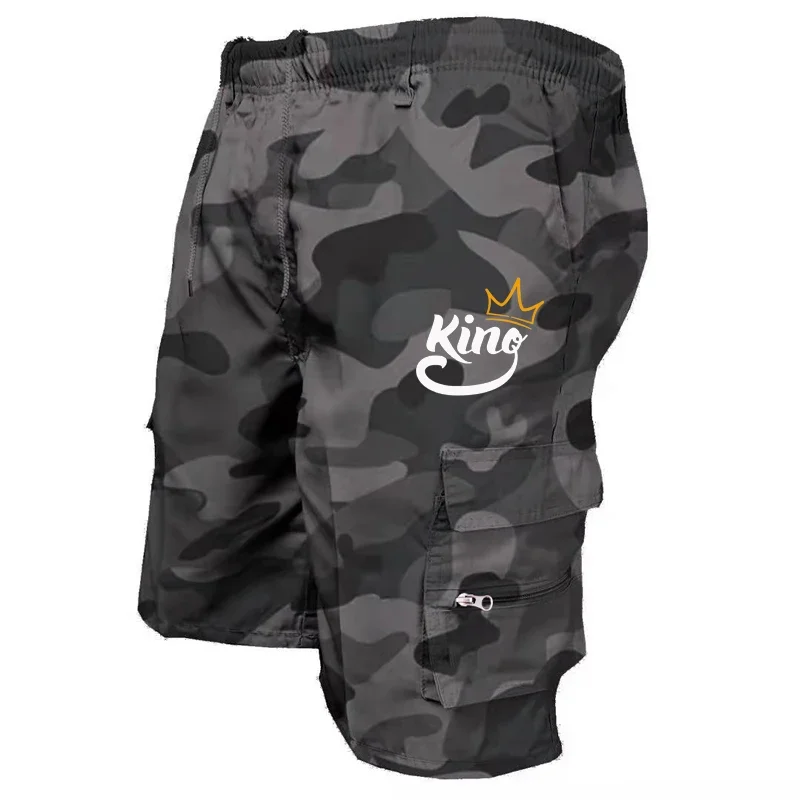 Men King Print Short Shorts Loose Beach Cargo Shorts and Hiking Shorts Overalls Men\'s Bottoms Drawstring Trousers