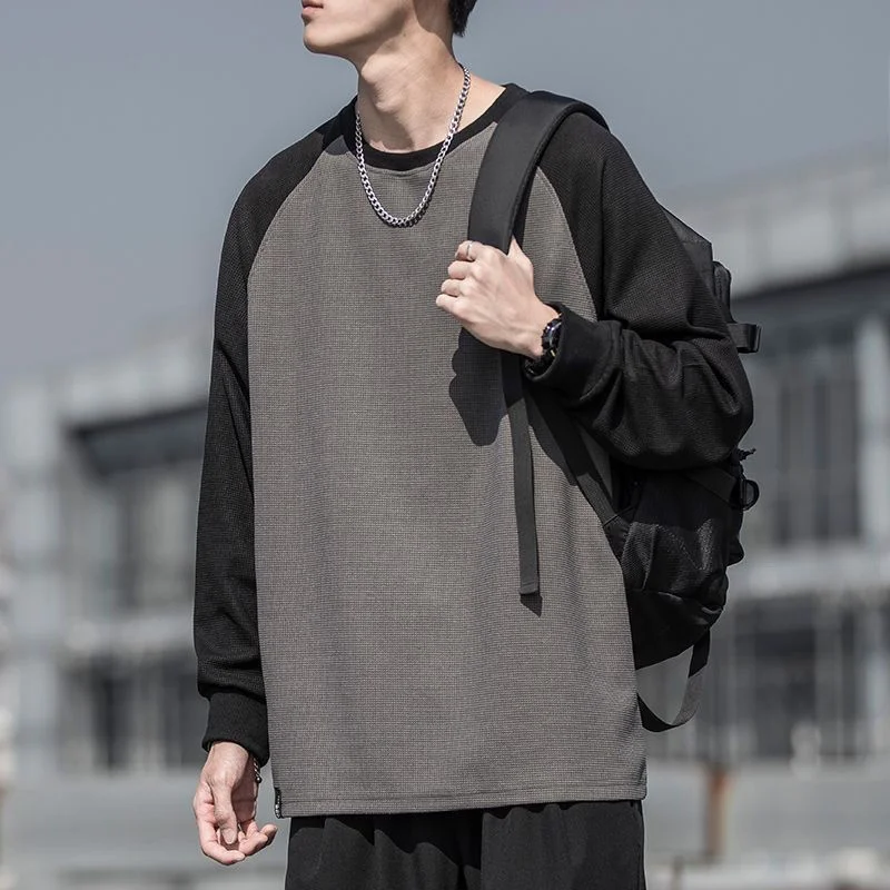 Spring Autumn New Wfle Stitching Long-sleeved Sweatshirt Men's Loose Casual Round Neck Bottoming Shirt Top