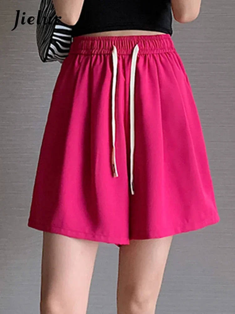 Jielur الصيف الرباط ضئيلة لون نقي السراويل النسائية عالية الخصر طول الركبة عارضة الشارع الشهير جيوب أسود أصفر فاتح السراويل