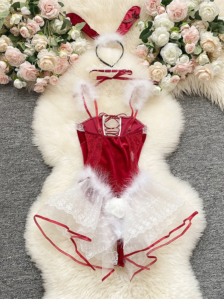 Women Slim Lace Up Playsuits Valentine Christmas Cosplay Erotic Bodysuits Lace Spliced Velvet Ruffles Uniform Sexy Romper Female