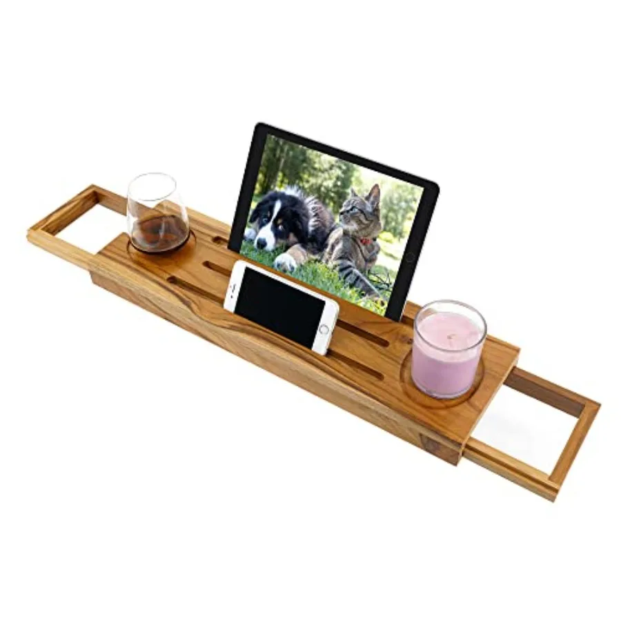 

Teak Bathtub Tray Caddy - Expandable Bath Tray - Adjustable Organizer Tray for Bathroom - Luxury Bath Caddy Tub Table, Bathtub