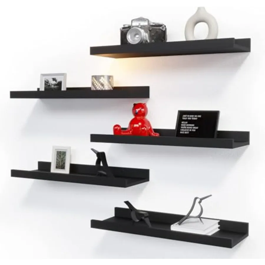 

5 Set Floating Wall Mounted Shelves Black Shelves for Wall Decor Modern Picture Ledge Shelf with Lip for Storage Nursery Bedroo